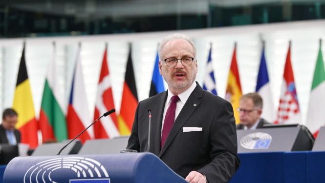 14.02.2022. Valsts prezidents Egils Levits uzrunā Eiropas Parlamenta deputātus Strasbūrā