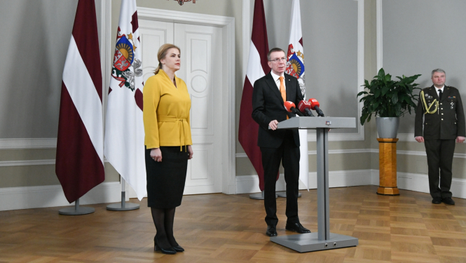 14.02.2024. Valsts prezidenta Edgara Rinkēviča un Ministru prezidentes Evikas Siliņas preses konference Rīgas pils Ģerboņu zālē