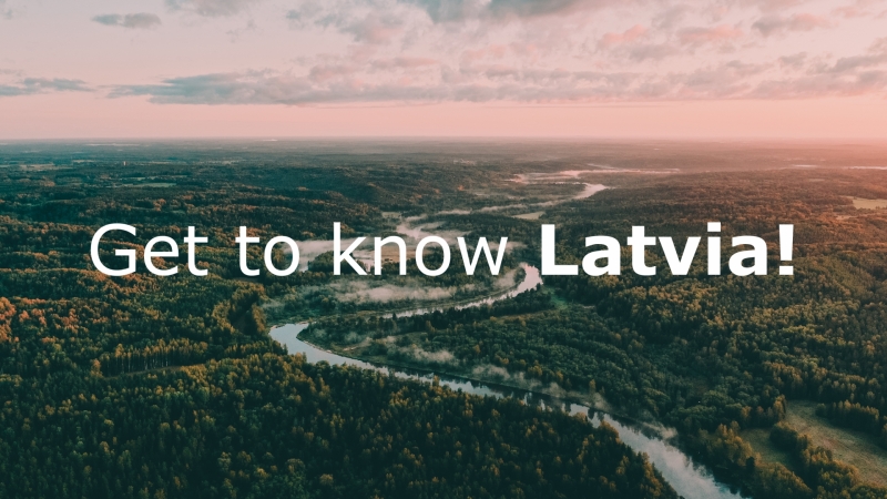 Birds eye view of a river with text Get to know Latvia!