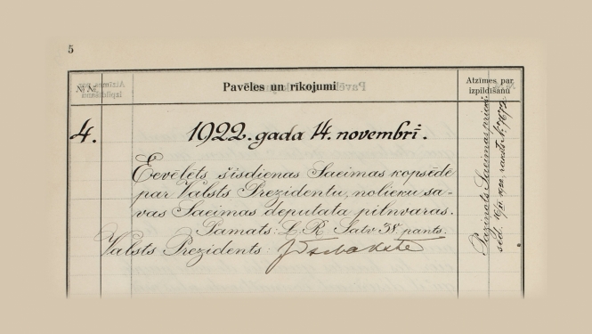 Valsts prezidenta Jāņa Čakstes pirmais ieraksts Valsts prezidenta žurnālā pēc ievēlēšanas 1922. gada 14. novembrī. 