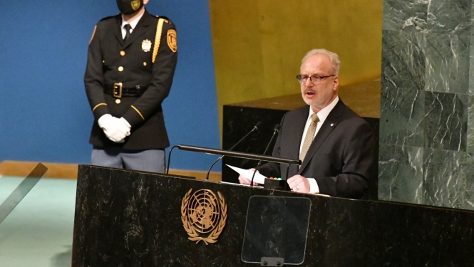Valsts prezidents Egils Levits sniedz runu ANO Ģenerālās asamblejas 77. sesijā 2022. gada 21. septembrī