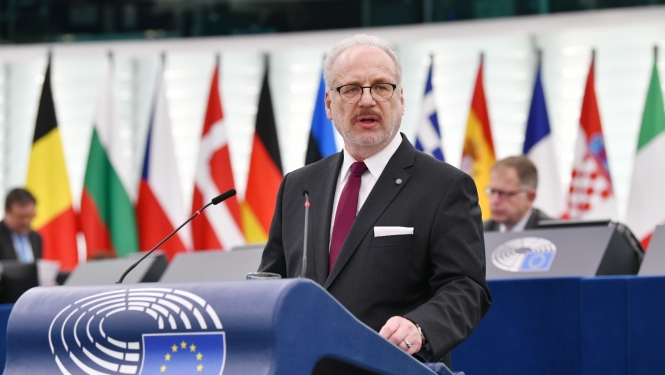 14.02.2022. Valsts prezidents Egils Levits uzrunā Eiropas Parlamenta deputātus Strasbūrā