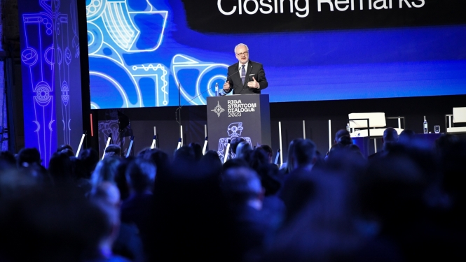 08.06.2023. Valsts prezidents Egils Levits ar uzrunu piedalās NATO Stratēģiskās komunikācijas izcilības centra organizētās konferences “Riga StratCom Dialogue” noslēguma sesijā