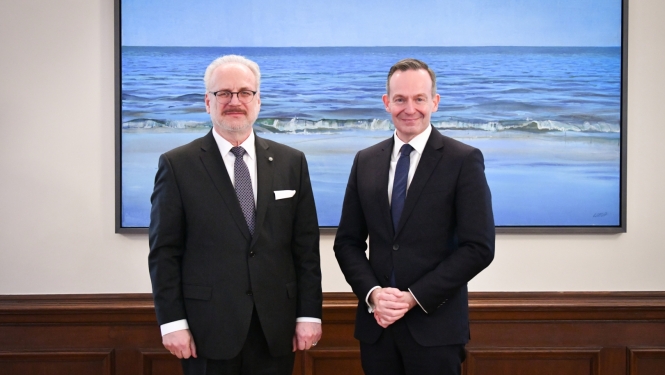 15.02.2023. Valsts prezidents Egils Levits Rīgas pilī tiekas ar Vācijas digitālās infrastruktūras un transporta ministru Dr. Folkeru Visingu (Dr. Volker Wissing)