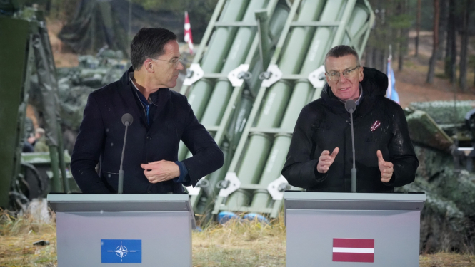 14.11.2024. Valsts prezidenta Edgara Rinkēviča un NATO ģenerālsekretāra Marka Rutes preses konference Ādažu militārajā bāzē.