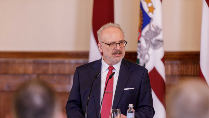 15.03.2023. Valsts prezidents Egils Levits uzrunā konferences "No pretošanās līdz brīvībai: kā stāstīt Latvijas valstiskuma vēsturi?” dalībniekus Rīgas pils svētku zālē. 