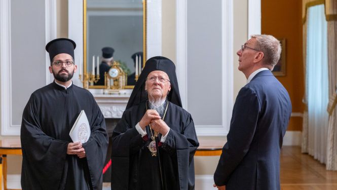 12.09.2025. Valsts prezidenta Edgara Rinkēviča tikšanās ar Konstantinopoles ekumenisko patriarhu Bartolomeju I Rīgas pilī