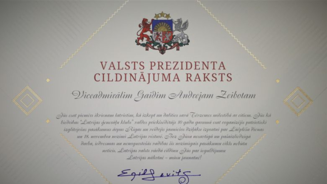 Valsts prezidents piešķir Cildinājuma rakstu viceadmirālim Gaidim Andrejam Zeibotam