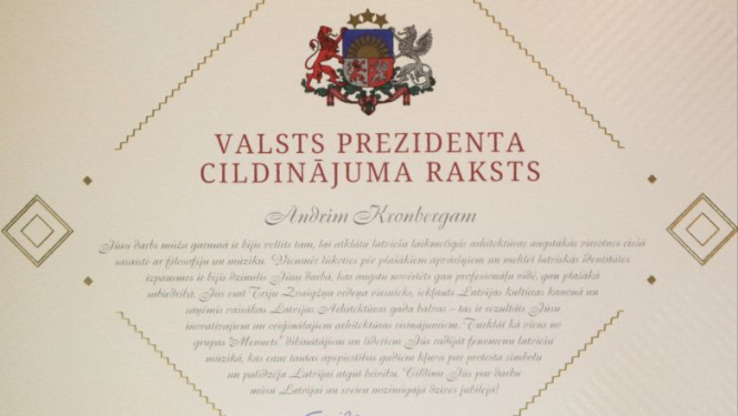 Valsts prezidents piešķir Cildinājuma rakstu arhitektam Andrim Kronbergam
