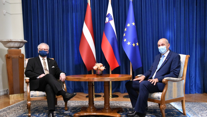 Valsts prezidents Egils Levits un Slovēnijas premjerministrs Janezs Janša