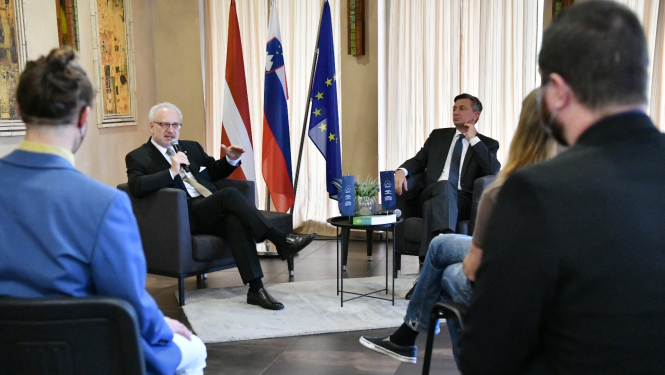 Valsts prezidents Egils Levits un Slovēnijas prezidents Boruts Pahors diskusijā Let`s talk Europe