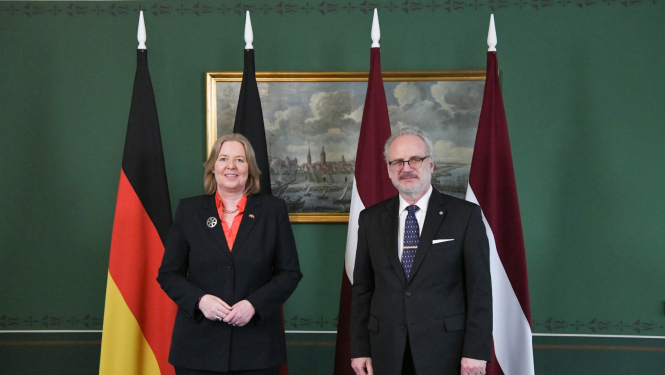 08.06.2023. Valsts prezidents Egils Levits tiekas ar Vācijas Bundestāga prezidenti Bērbelu Basu (Mrs Bärbel Bas)