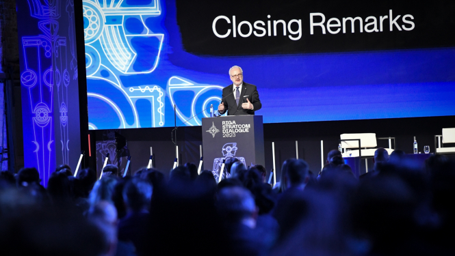 08.06.2023. Valsts prezidents Egils Levits ar uzrunu piedalās NATO Stratēģiskās komunikācijas izcilības centra organizētās konferences “Riga StratCom Dialogue” noslēguma sesijā