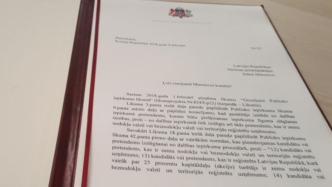 Valsts prezidents nodod otrreizējai caurlūkošanai Saeimai grozījumus Publisko iepirkumu likumā