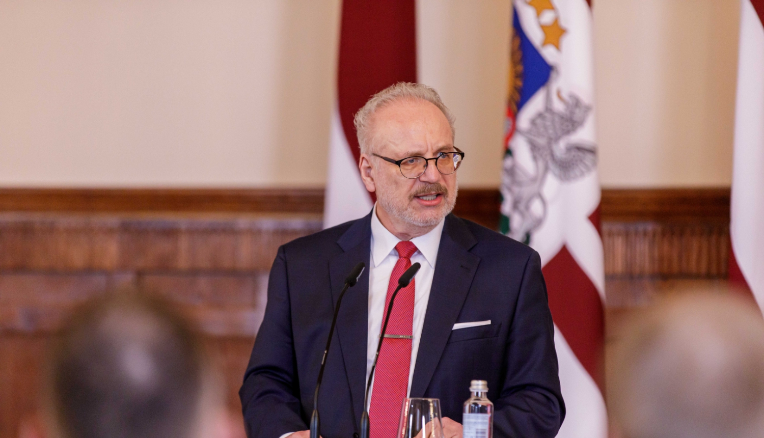 15.03.2023. Valsts prezidents Egils Levits uzrunā konferences "No pretošanās līdz brīvībai: kā stāstīt Latvijas valstiskuma vēsturi?” dalībniekus Rīgas pils svētku zālē. 