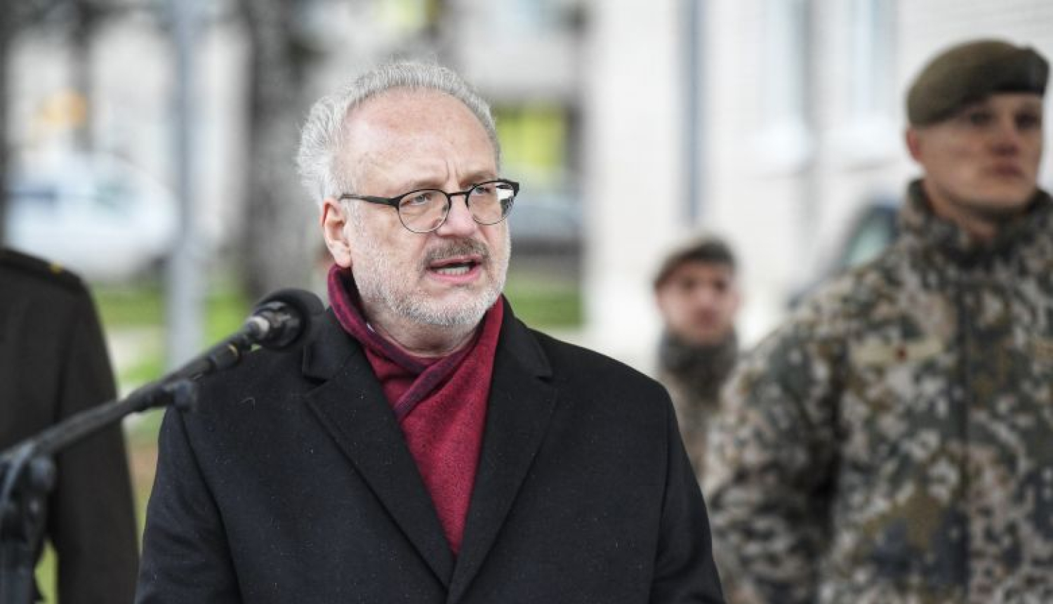 Valsts prezidenta Egila Levita uzruna Sauszemes spēku Mehanizētās kājnieku brigādes Kaujas nodrošinājuma bataljona karoga svinīgajā iesvētīšanas un pasniegšanas ceremonijā