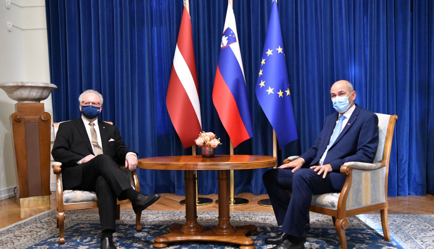 Valsts prezidents Egils Levits un Slovēnijas premjerministrs Janezs Janša