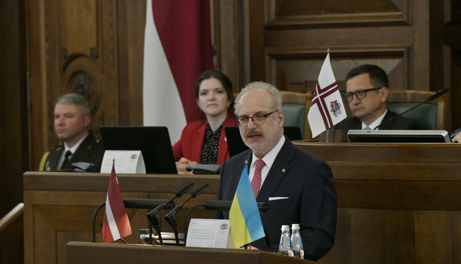 27.04.2023. Valsts prezidents Egils Levits no tribīnes Saeimā uzrunā deputātus Latgales kongresa dienā. 