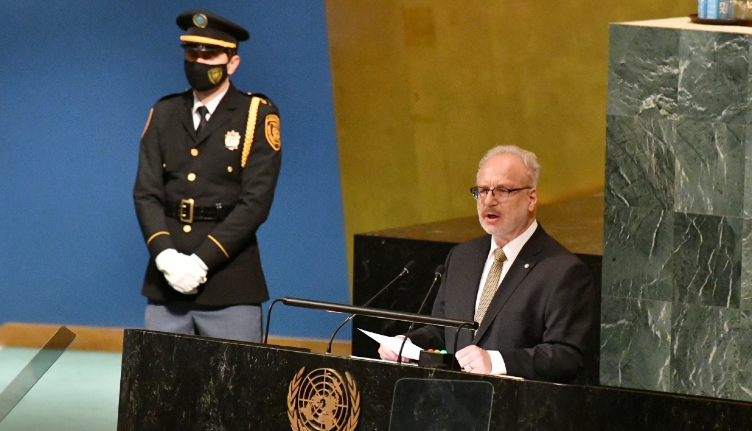 Valsts prezidents Egils Levits sniedz runu ANO Ģenerālās asamblejas 77. sesijā 2022. gada 21. septembrī