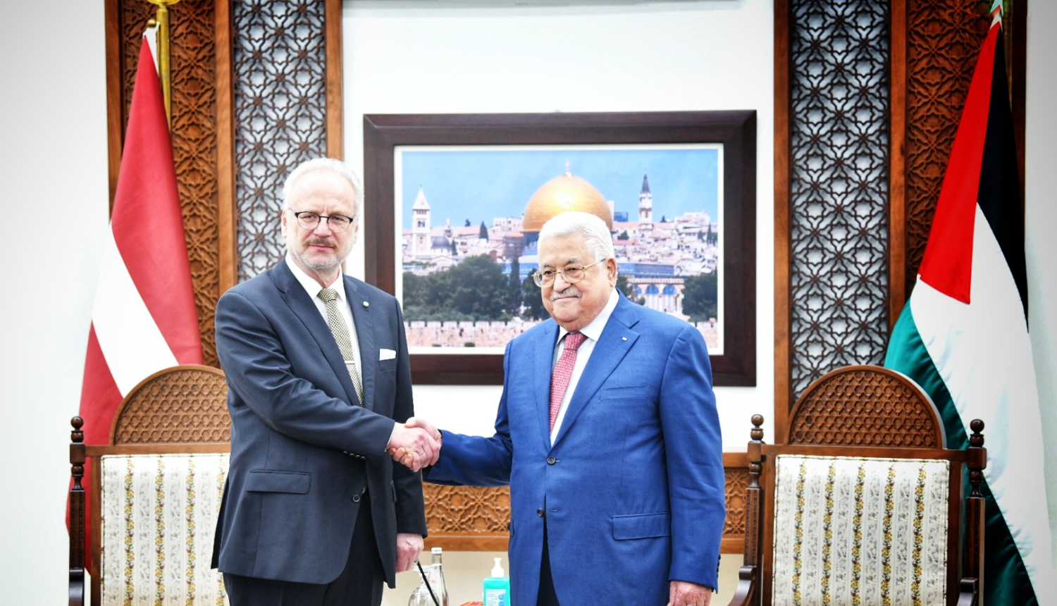 30.11.2022. Valsts prezidents Egils Levits atrodas darba vizītē Palestīnā, kur tiekas ar Palestīnas pašpārvaldes prezidentu Mahmūdu Abāsu (Mahmoud Abbas). Foto autors: Ilmārs Znotiņš, Valsts prezidenta kanceleja.