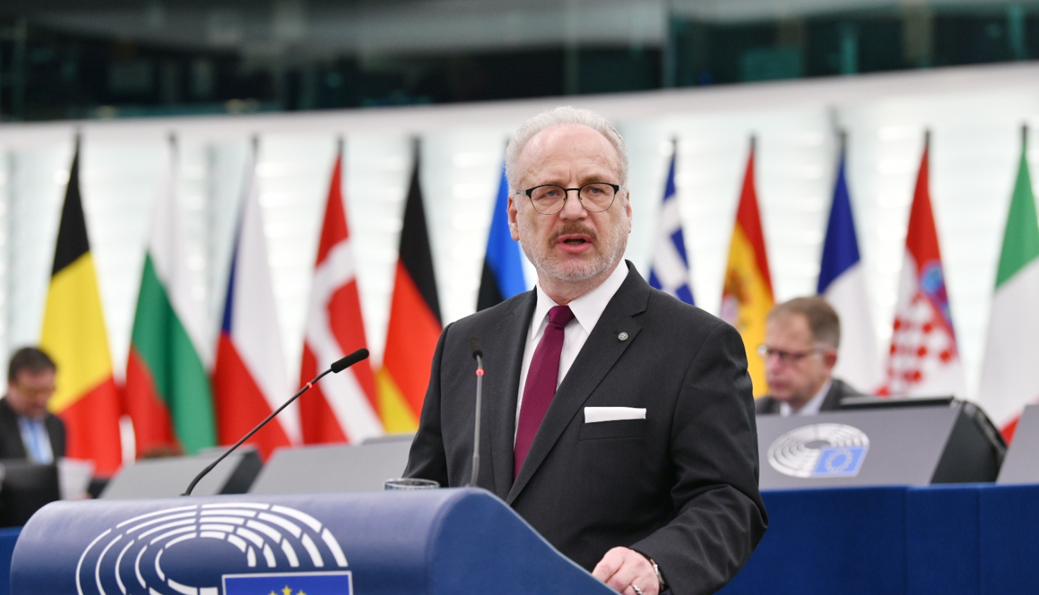14.02.2022. Valsts prezidents Egils Levits uzrunā Eiropas Parlamenta deputātus Strasbūrā