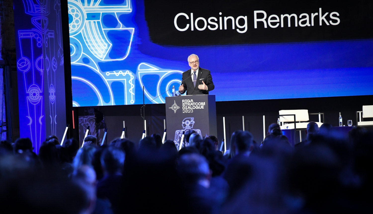 08.06.2023. Valsts prezidents Egils Levits ar uzrunu piedalās NATO Stratēģiskās komunikācijas izcilības centra organizētās konferences “Riga StratCom Dialogue” noslēguma sesijā