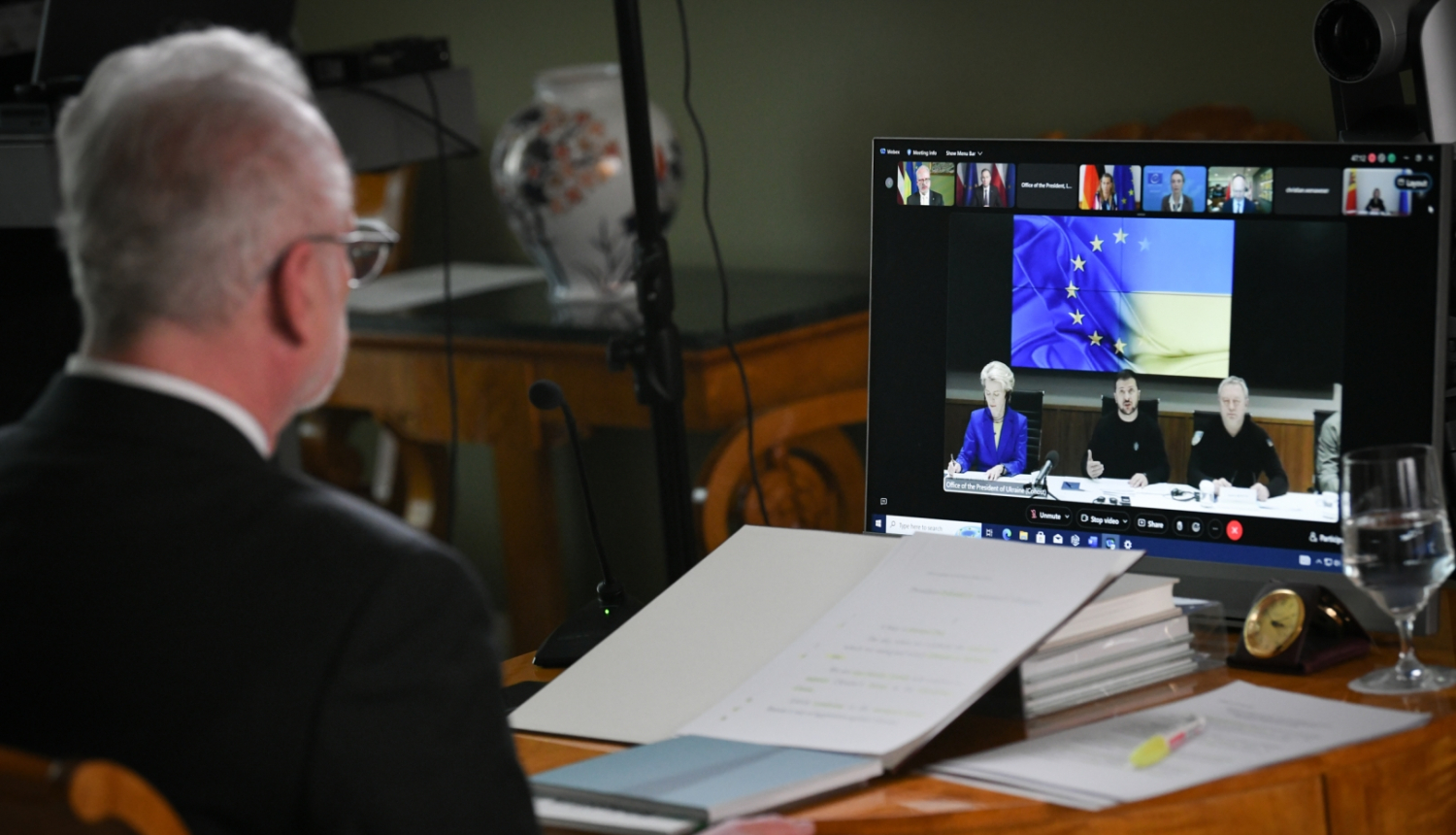 09.05.2023. Valsts prezidents Egils Levits piedalās tiešsaistes samitā par īpaša tribunāla izveidi saistībā ar agresijas noziegumu pret Ukrainu