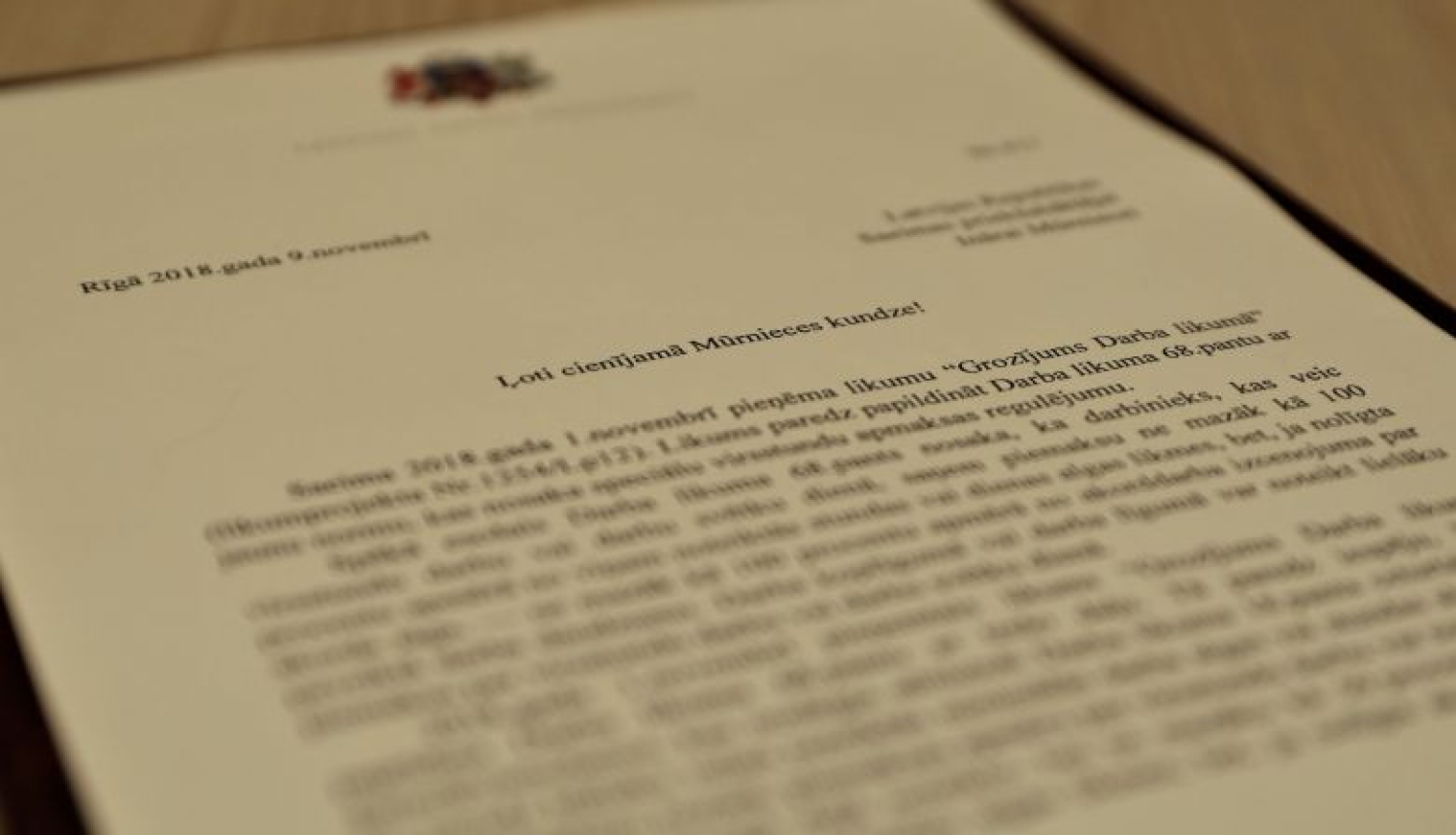 Valsts prezidents nodod Saeimai otrreizējai caurlūkošanai grozījumu Darba likumā