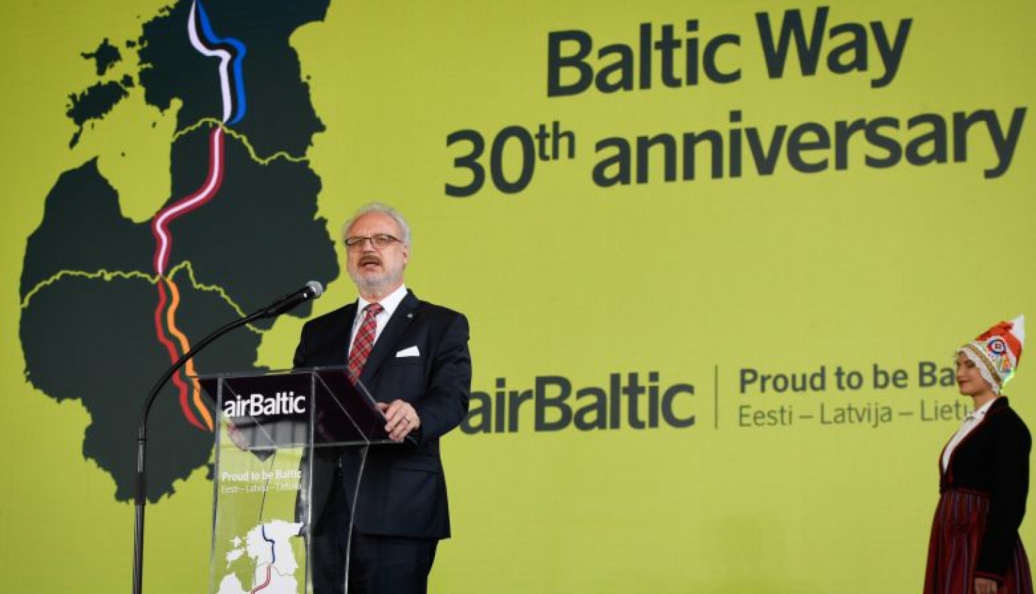 Valsts prezidenta Egila Levita uzruna airBaltic rīkotajā svinīgajā pasākumā par godu Baltijas ceļa 30. gadadienai