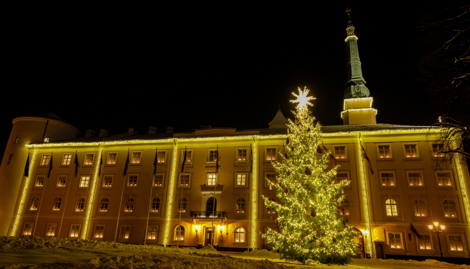 06.12.2023. Pie Rīgas pils iedegta Ziemassvētku egle