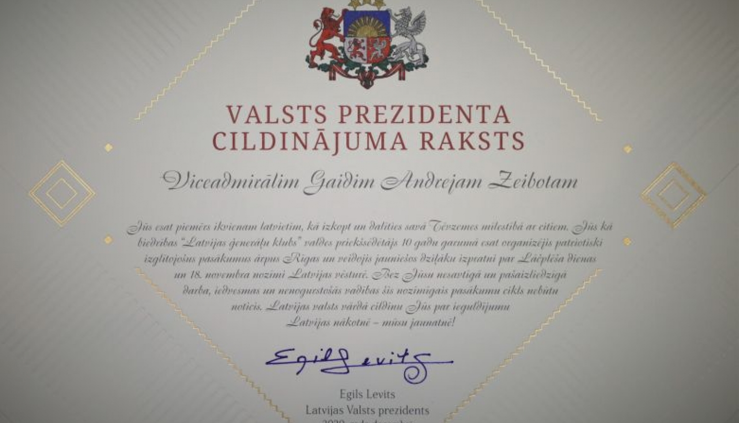 Valsts prezidents piešķir Cildinājuma rakstu viceadmirālim Gaidim Andrejam Zeibotam